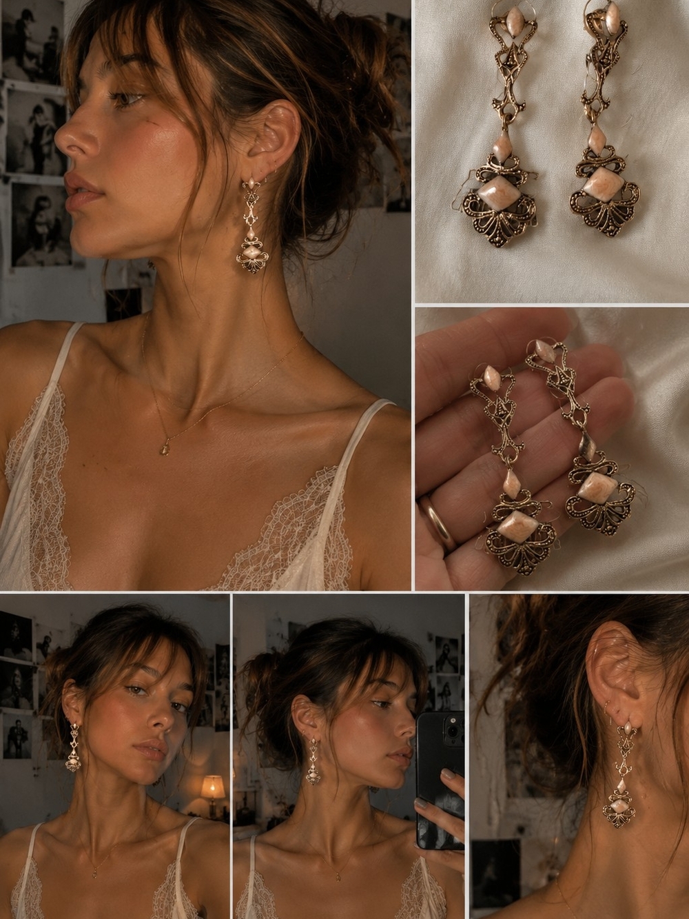Delicate Gold Filigree Drop Earrings with Peach Stones 2" Long